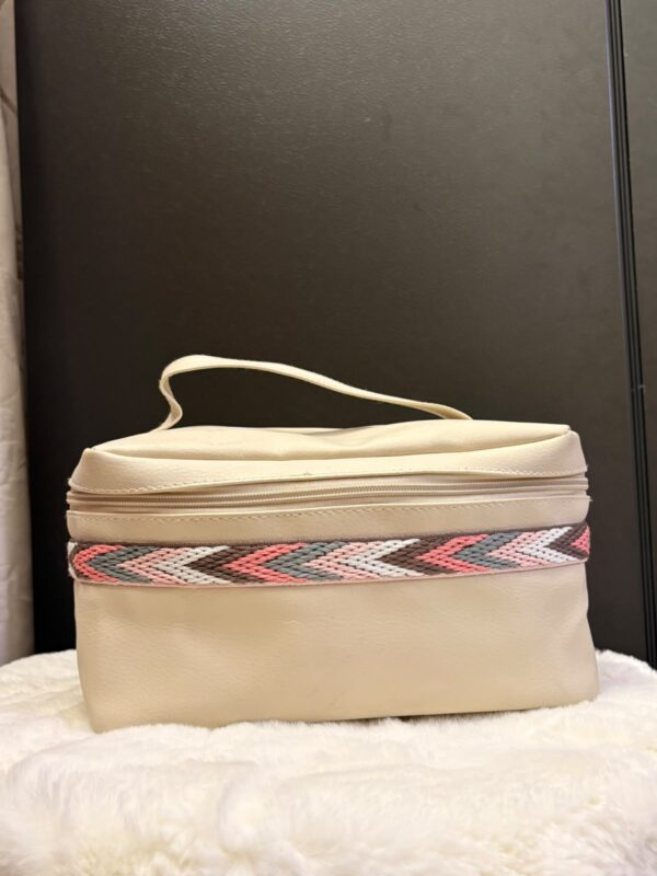 Beige Vanity Bag with Boho Embroidered Trim – Faux Leather Makeup & Travel Organizer