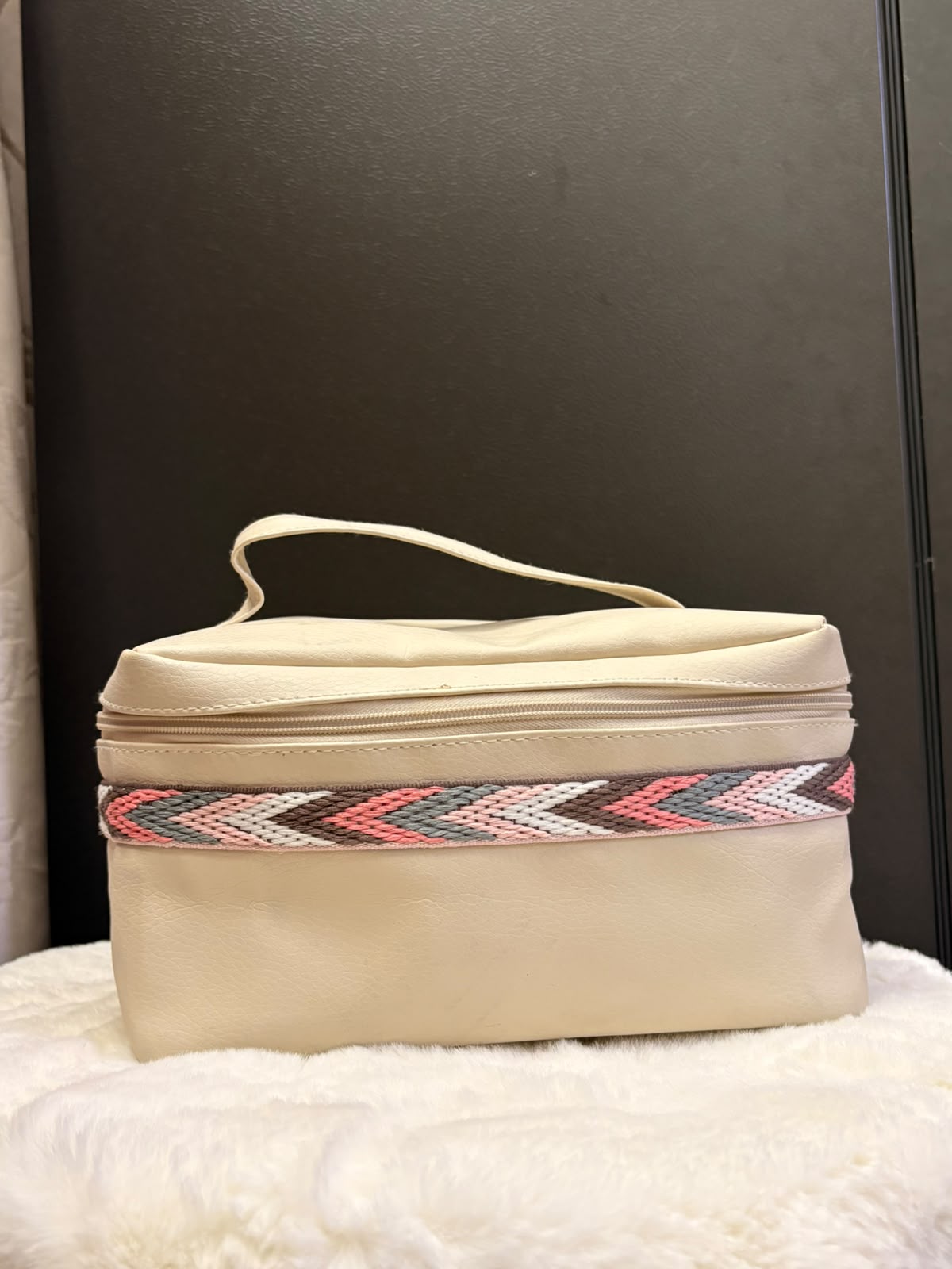 Beige Vanity Bag with Boho Embroidered Trim – Faux Leather Makeup & Travel Organizer
