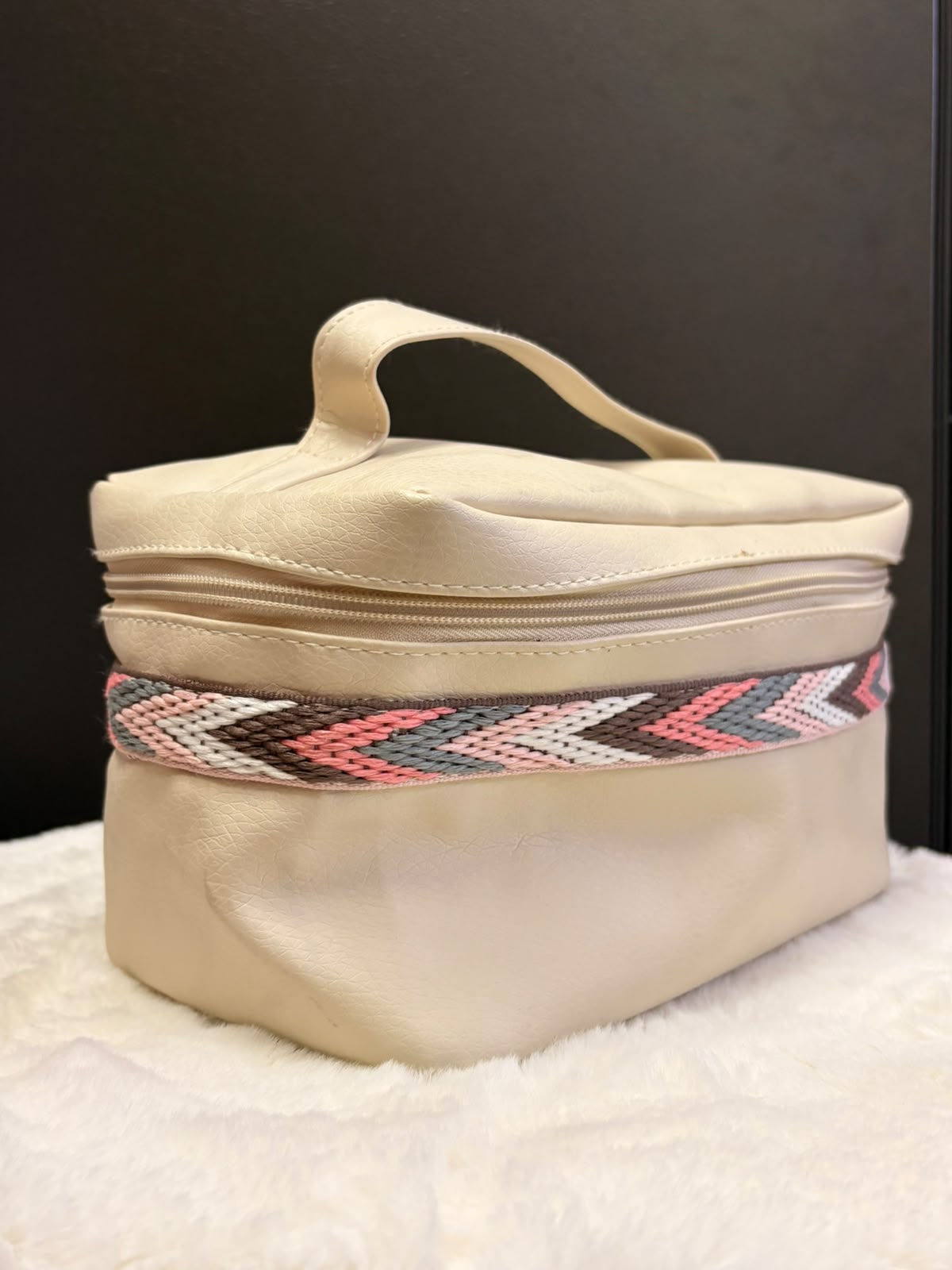 Beige Vanity Bag with Boho Embroidered Trim – Faux Leather Makeup & Travel Organizer - Image 2