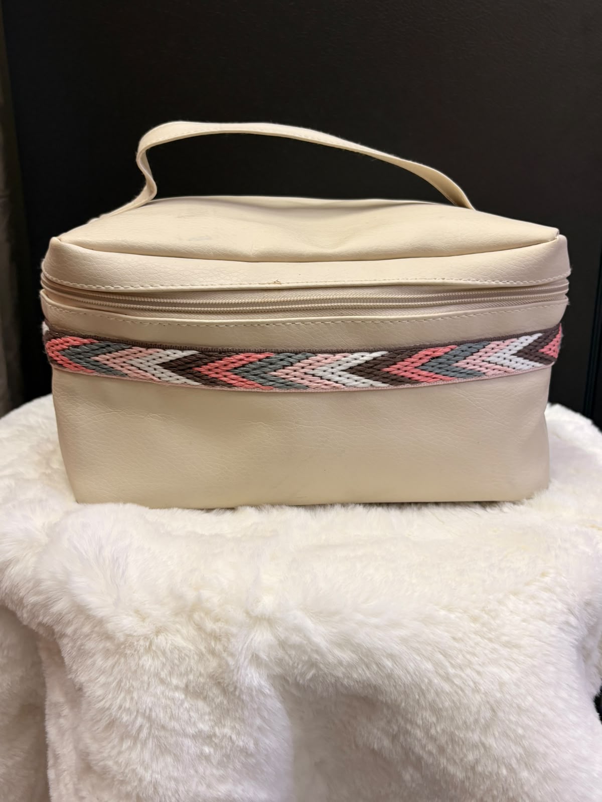 Beige Vanity Bag with Boho Embroidered Trim – Faux Leather Makeup & Travel Organizer - Image 4