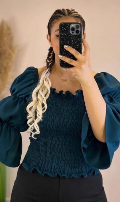 Teal Smocked Puff Sleeve Top