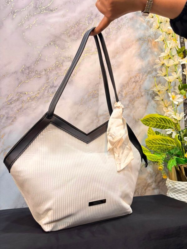 White Ribbed Tote Bag with Silk Scarf