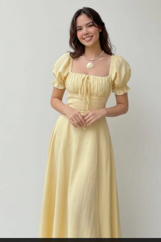 Yellow Puff Sleeve Midi Dress